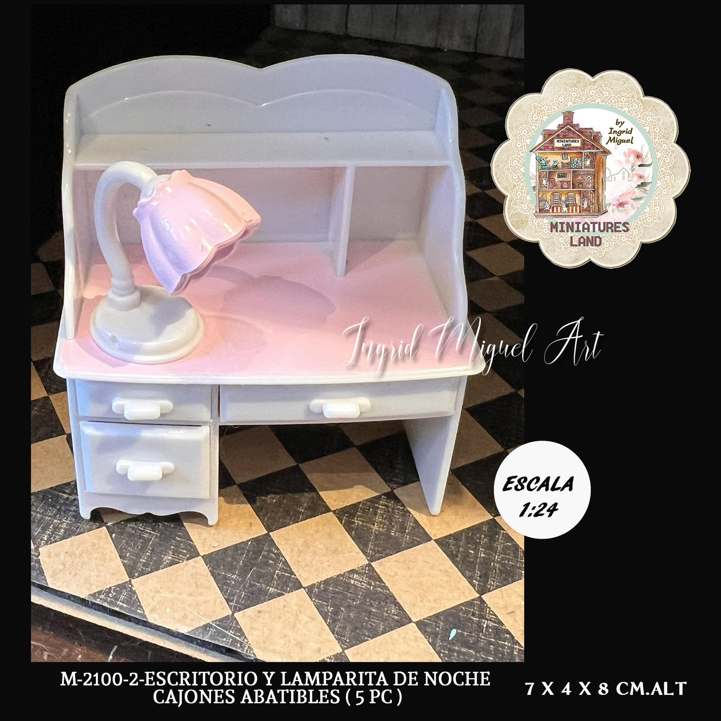 Secreter y lampara, blanco con rosa para casita de muñecas/Miniaturas /M-2100-2