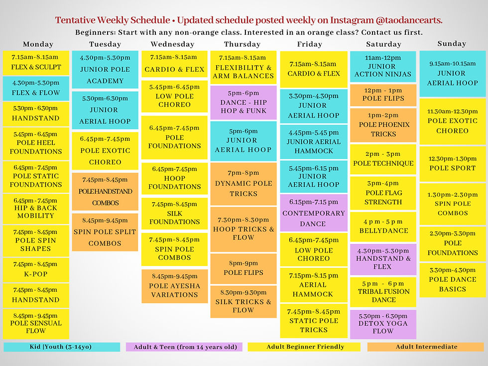 Tao Dance Arts weekly schedule for kids and adult classes.