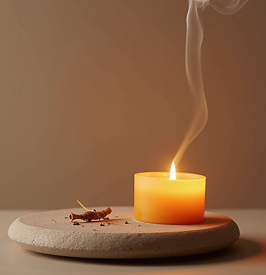 neutral colors with lit candle and rising smoke