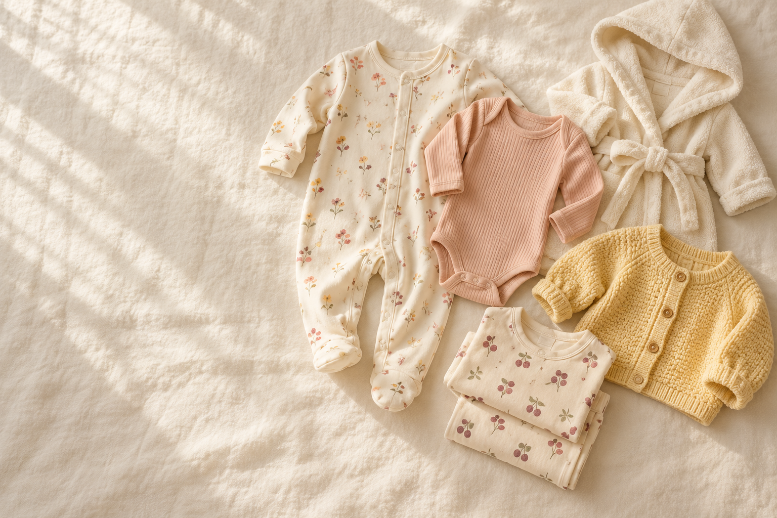 Soft neutral baby garments arranged on linen as a visual mood reference