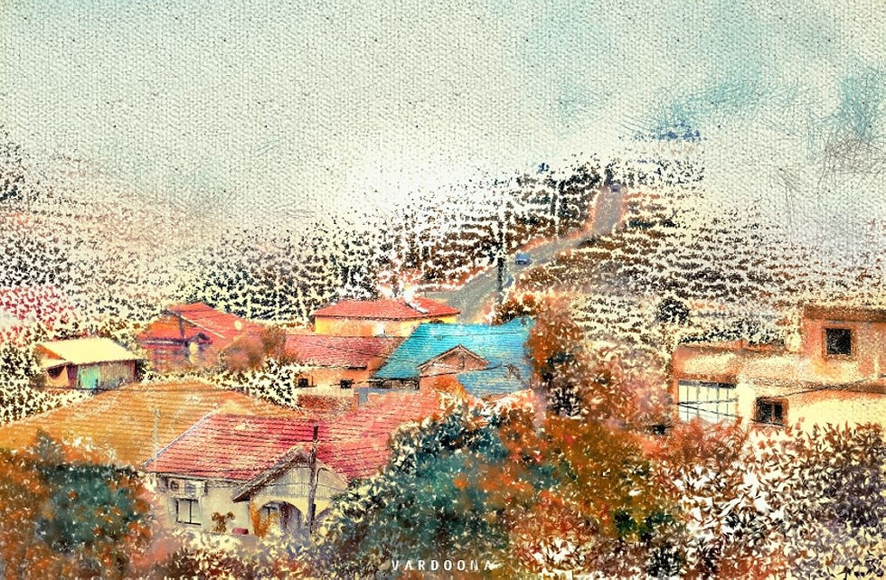 ציור של כפר הררי, בתים אדומים, ארבע עונות, נוף קסום