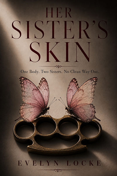 Her Sister’s Skin by Evelyn Locke, dark erotic thriller cover with butterflies and brass knuckles