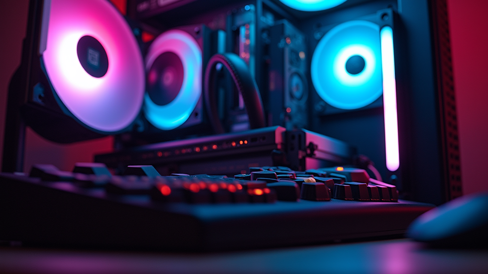 Eye-level view of a custom-built gaming PC with RGB lighting