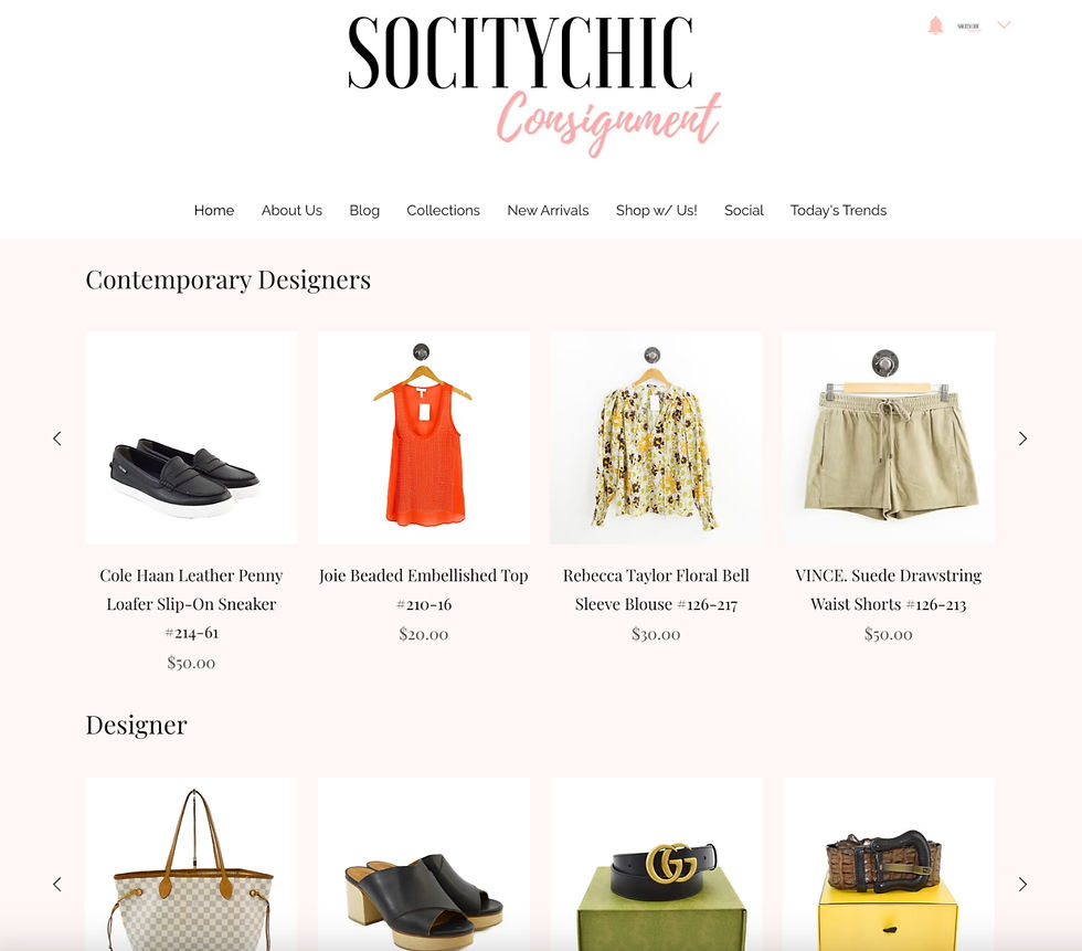 High angle view of a consignment store interior with racks of clothing