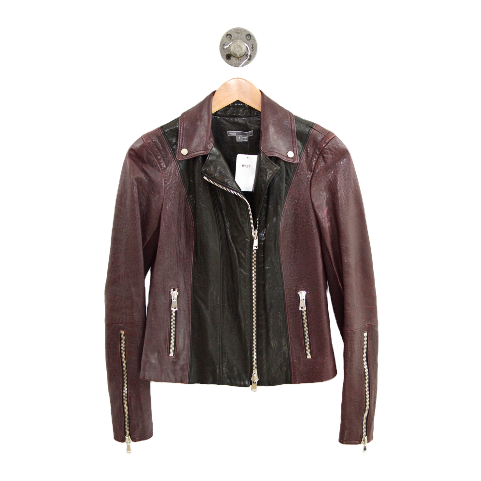 VINCE. Color-Block Leather Moto Jacket #127-150