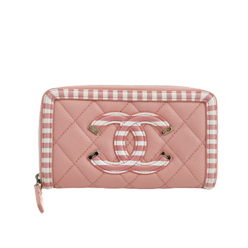 Chanel Quilted Caviar Leather Zipped Filigree Wallet, Pink Striped