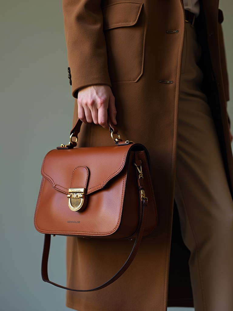 Close-up detail of a high-end designer leather bag hook.