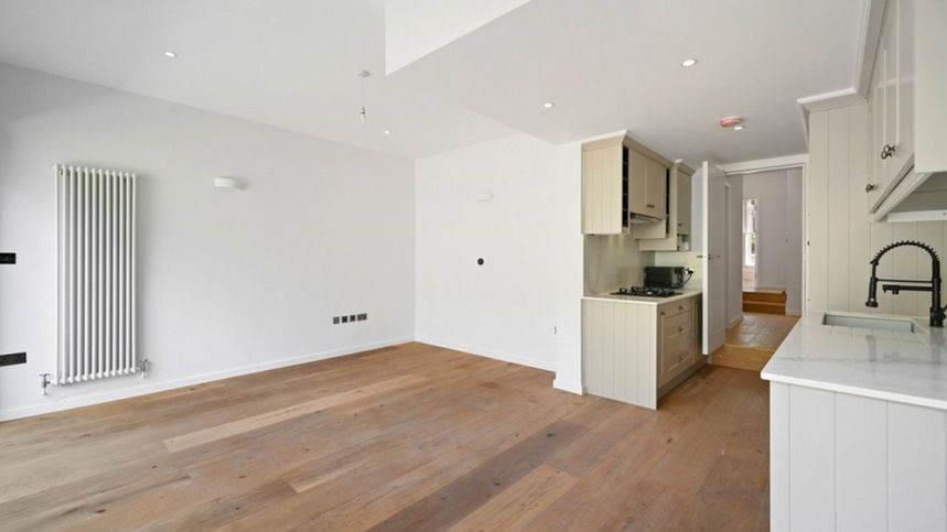Flat No.1 Corner view looking into open plan Kitchen and Living Room with facilities Three Storey Rear Extension in London Borough of Hammersmith and Fulham