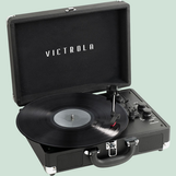 An open black Victrola portable vinyl record player.