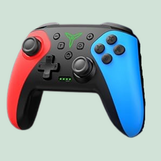 A red and blue wireless Nintendo Switch controller.