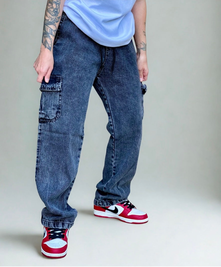 Miniatura: Calça jeans baggy cargo Cinza Stoned 