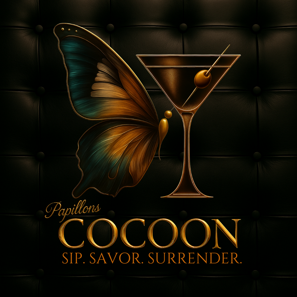 Papillons Cocoon logo with gold butterfly, martini glass, and tagline.