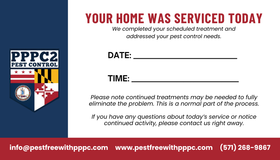 PPPC2 Pest Control service notice card with date and time fields for completed pest treatment