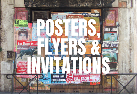 Wall covered in colorful posters with bold text overlay for print design.