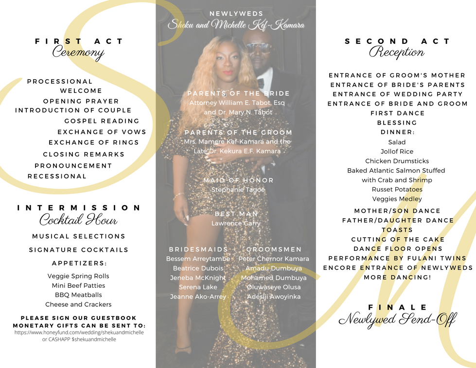 Minimalist beige and white wedding trifold program interior with florals.