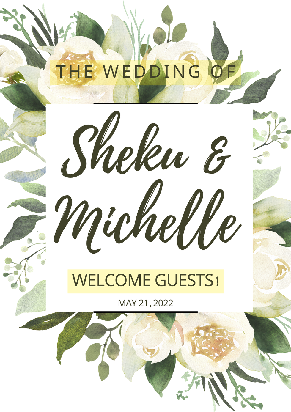 White floral wedding welcome poster with modern typography.