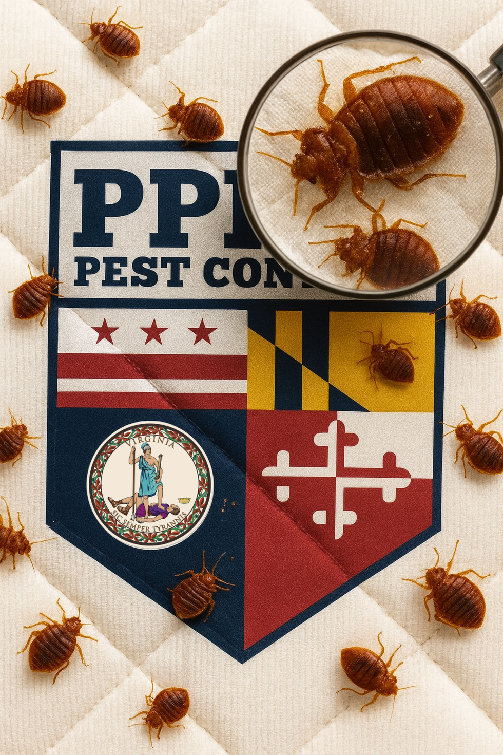Bed bugs under magnifying glass on PPPC2 Pest Control logo representing bed bug inspection service