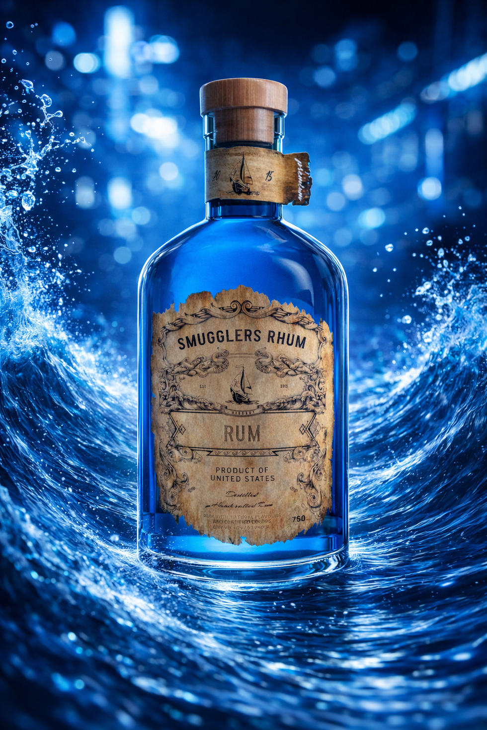 Smugglers Rhum bottle surrounded by blue ocean waves in promotional campaign visual