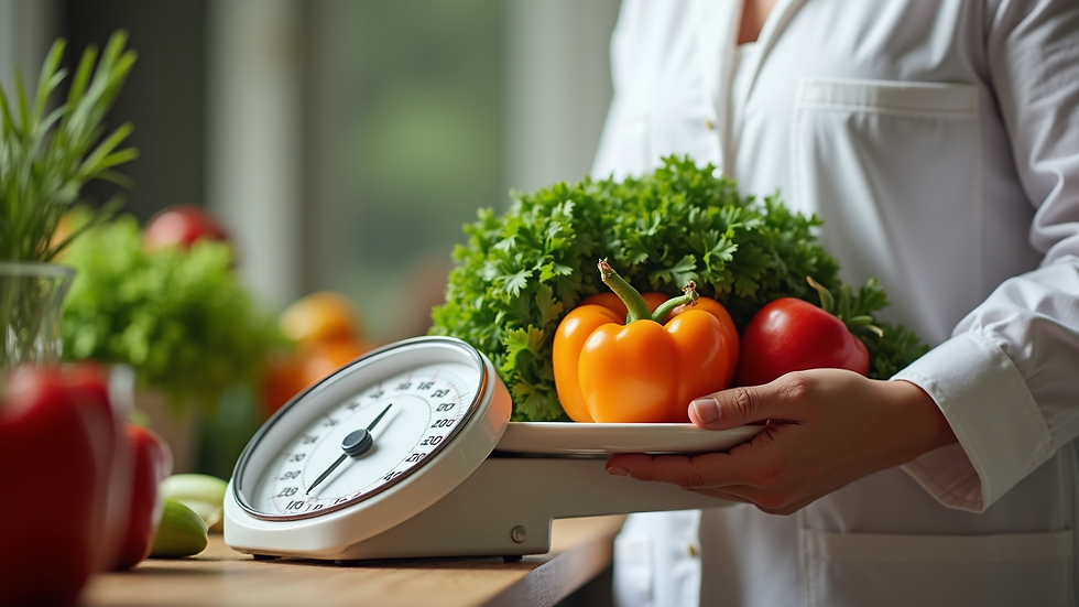 Close-up of a nutritionist’s hand holding a food scale with fresh vegetables