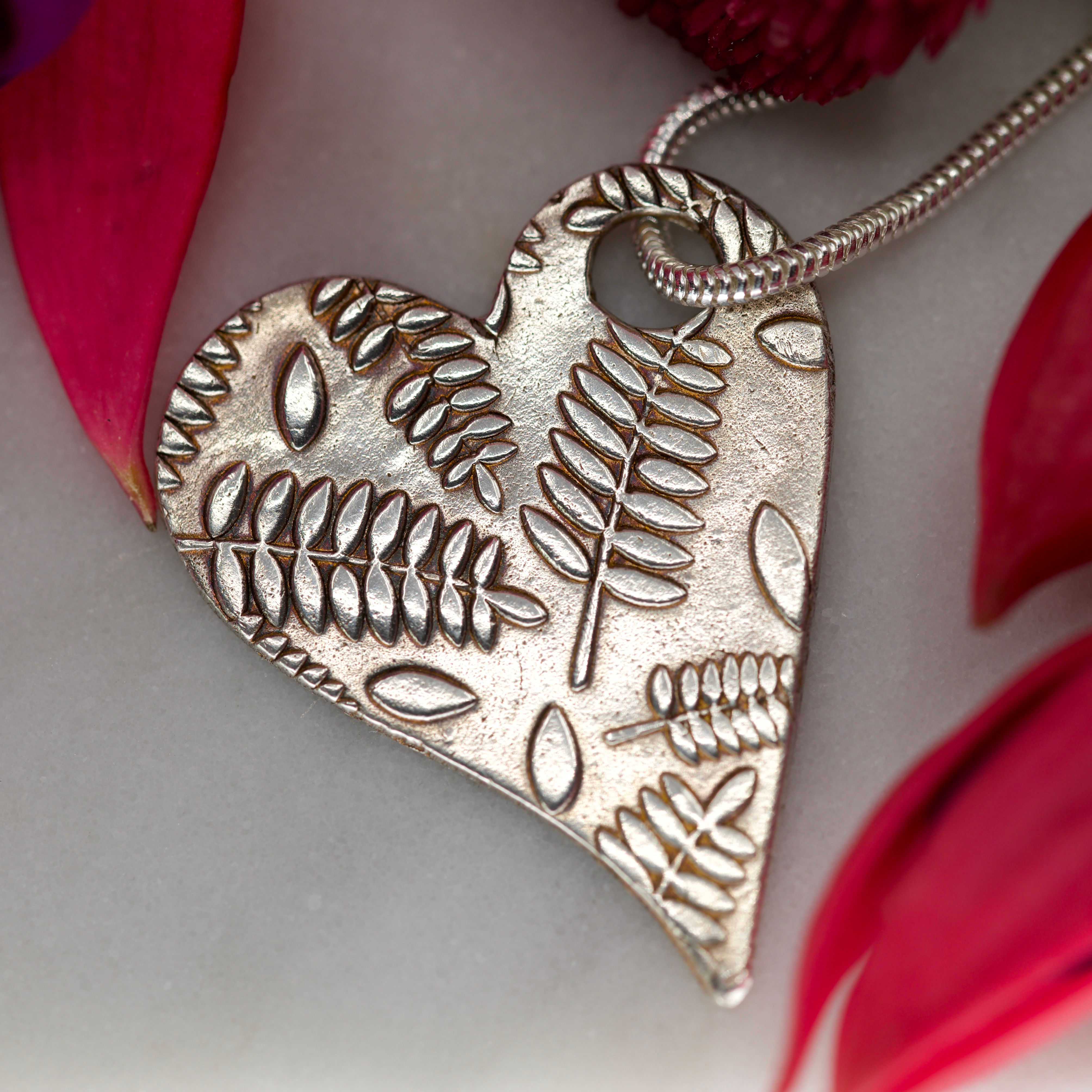 Fine silver ferns design heart (larger size)
