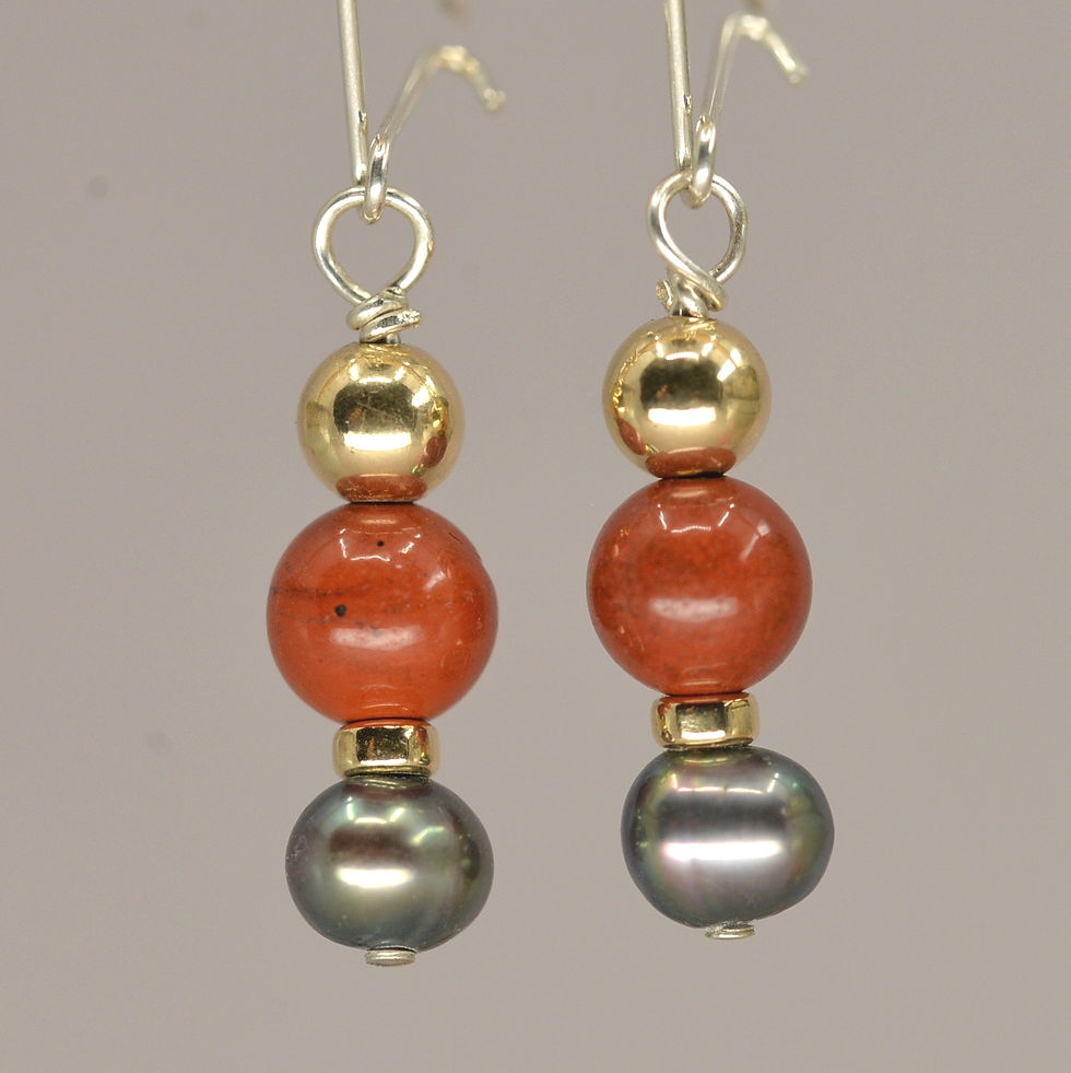 Thumbnail: Autumn woods: freshwater pearl, red jasper and gold dropper earrings