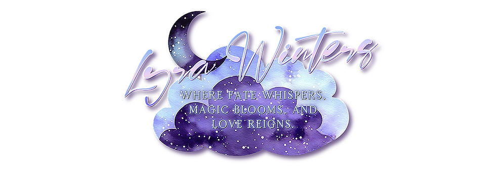 Lyra Winters LOGO of crescent moon and clouds with tag line: where fate whispers, magic blooms, and love reigns.
