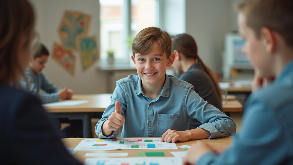 Eye-level view of a young boy presenting his fair project with enthusiasm