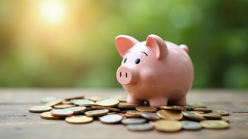 Close-up view of a simple homemade piggy bank filled with coins