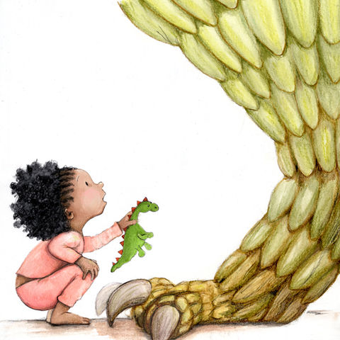 Little girl playing with a toy dragon, in front of a giant dragon foot.