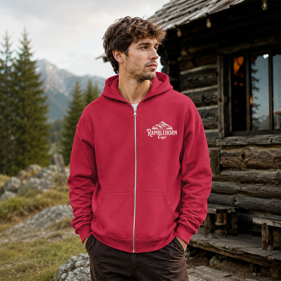 Thumbnail: Unisex Zip Hoodie: Bold Edition｜Ramblehorn Cafe Logo