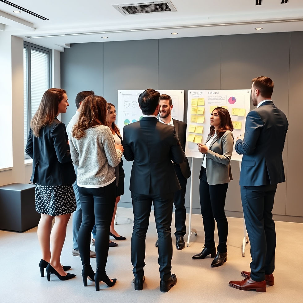 A collaborative stand up meeting with post it notes and charts with a diverse group, smart