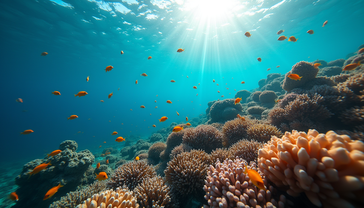 Eye-level view of a coral reef teeming with colorful fish