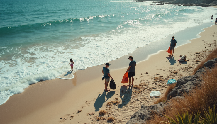 High angle view of a clean beach with volunteers collecting trash