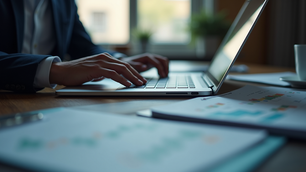 Eye-level view of a financial analyst reviewing data on a laptop
