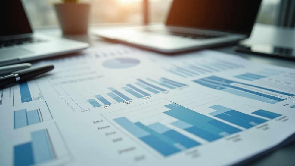 Close-up view of a financial report with charts and graphs on a desk
