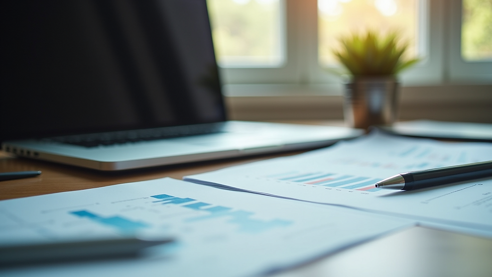 Eye-level view of a desk with a laptop and financial documents