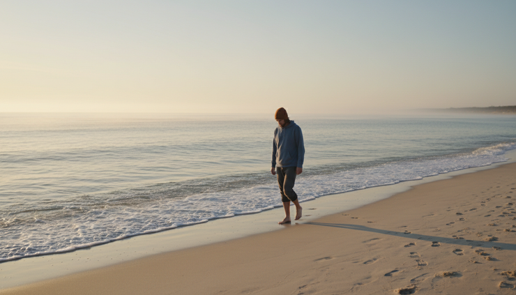 Wide-angle view of a quiet autumn beach with one person walking near the water.