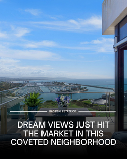 Header image for a real estate listing post — aerial photo of a marina and coastal neighborhood under a blue sky, with text overlay reading "Dream Views Just Hit the Market in This Coveted Neighborhood"