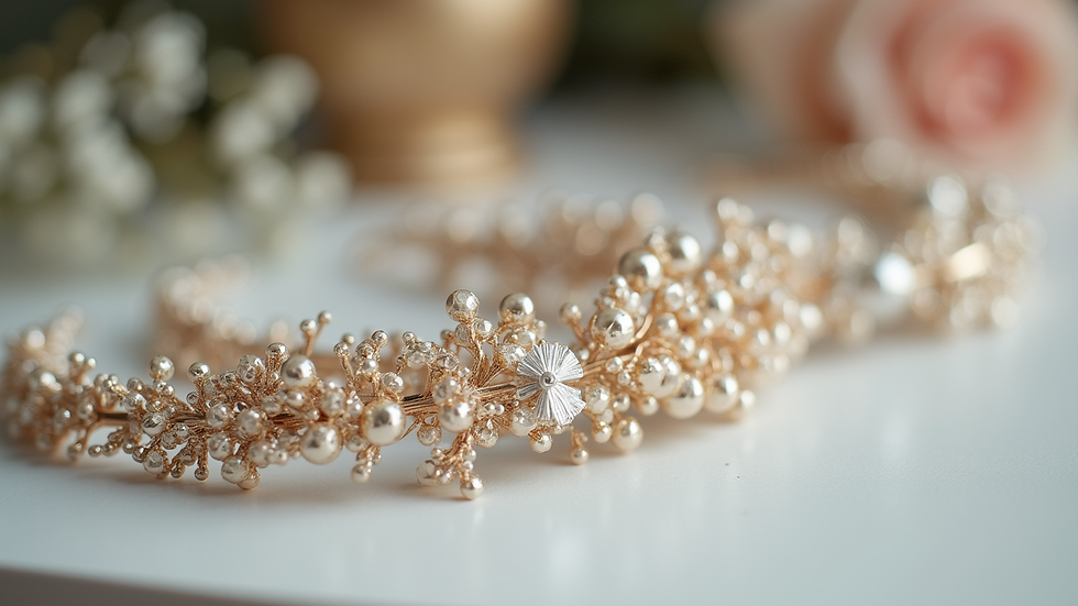 Close-up view of bridal hair accessories arranged on a table