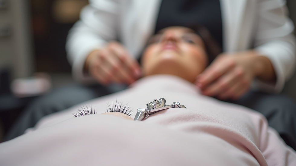 Eye-level view of a beauty salon station with lash extension tools