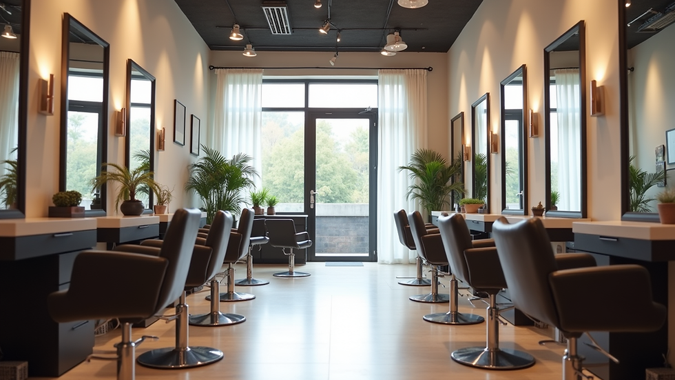 Eye-level view of a modern salon interior with styling chairs and mirrors