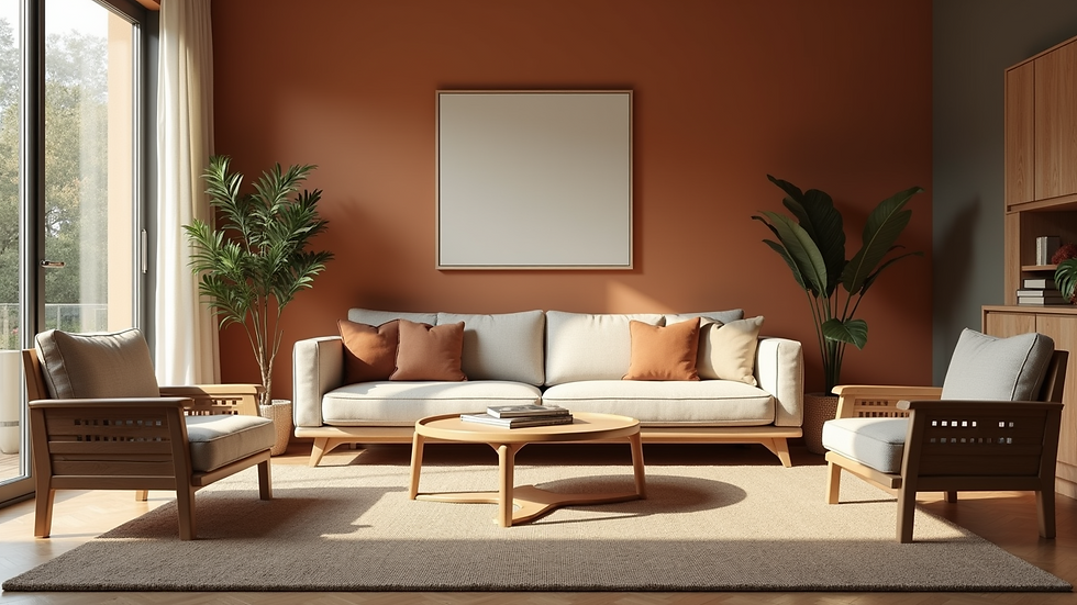 Eye-level view of a cozy living room with earthy tones and natural materials