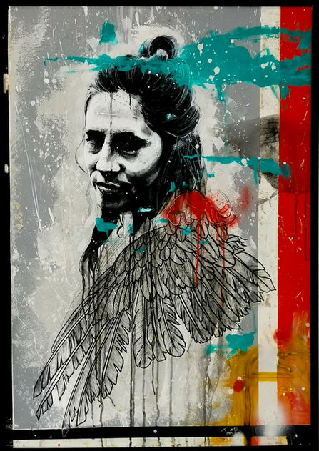 Acrylic paint on wood panel by Joni Belaruski featuring a woman with wings