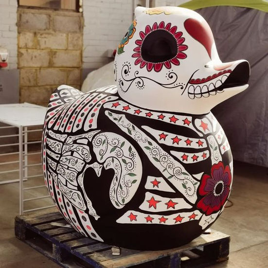Giant 3D duck painted in a Day of the Dead style by Joni Belaruski