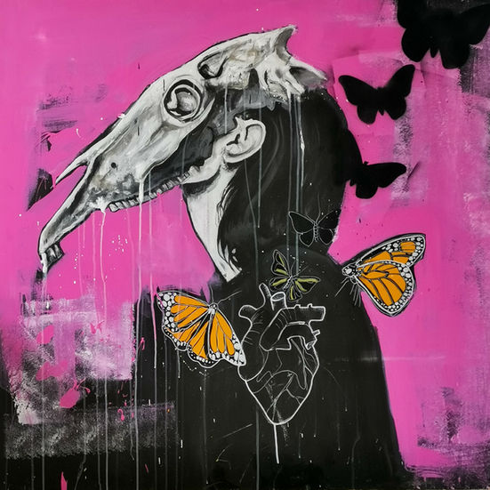 Acrylic painting on wood panel, 4ft x 4ft, by Joni Belaruski featuring a woman wearing a horse skull mask with monarch butterflies