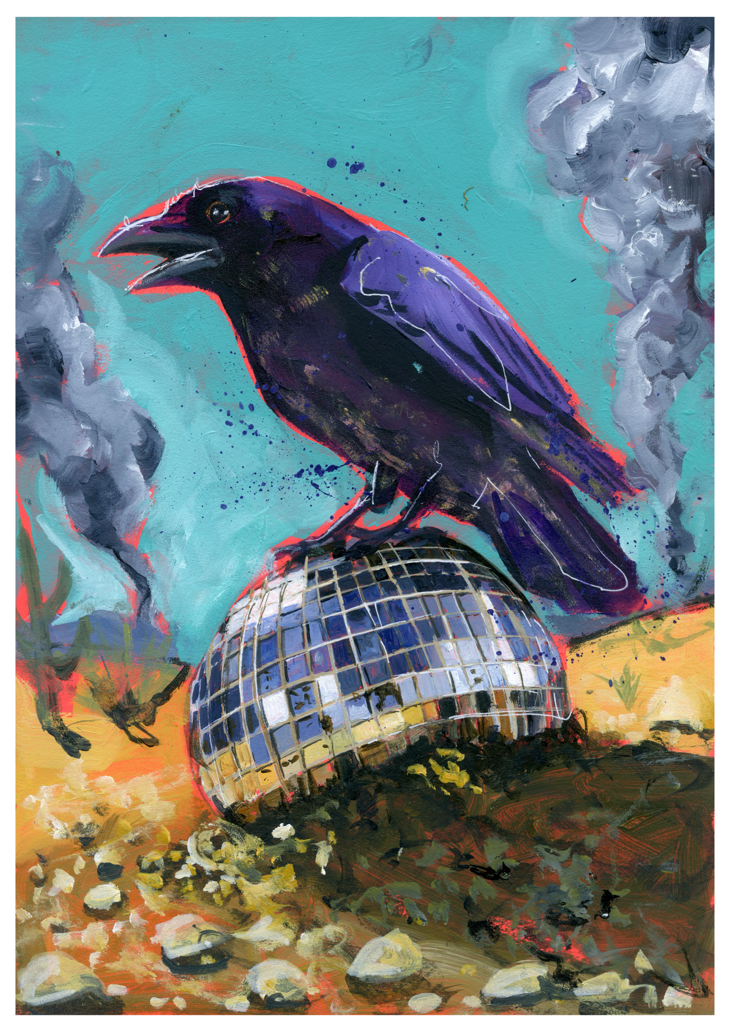 Raven on top of a disco ball with apocalypse desert in the background