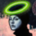 wOMAN IN BLACK HOLDING APPLE WEARING NEON HALO. Serpent behind her