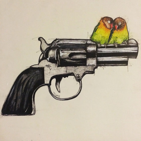 Ink on wood panel by Joni Belaruski featuring two lovebirds sitting on a gun