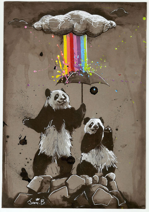 Two pandas holding umbrella with cloud and rainbow