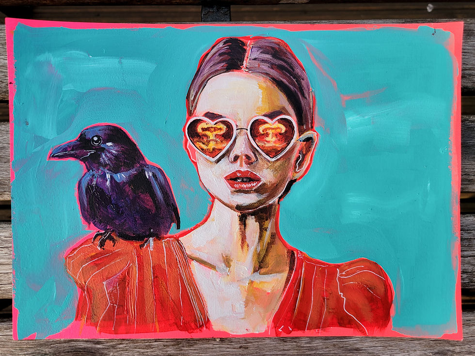 woman with crow on shoulder and mushroom cloud in glasses